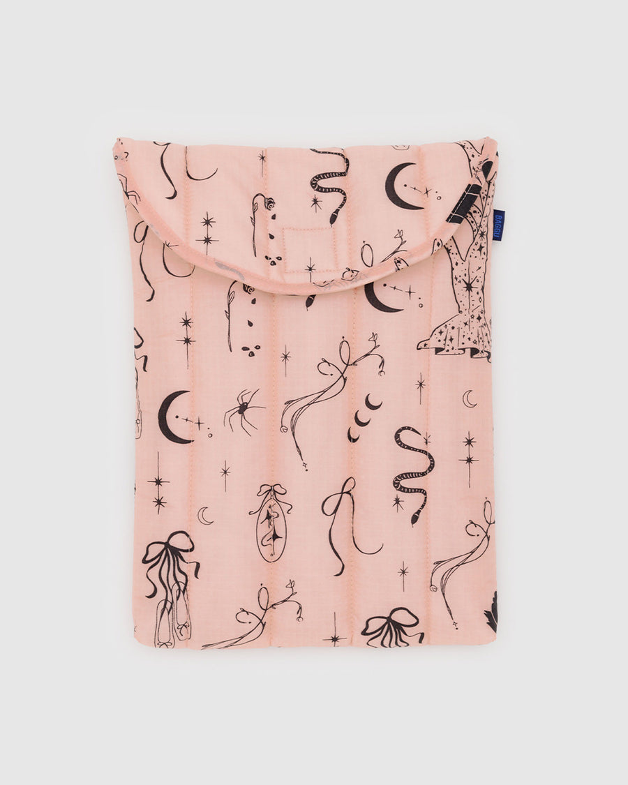 pink 13 in. puffy laptop sleeve with various icons (moon, ballet shoes, spider, moons, snake, roses)