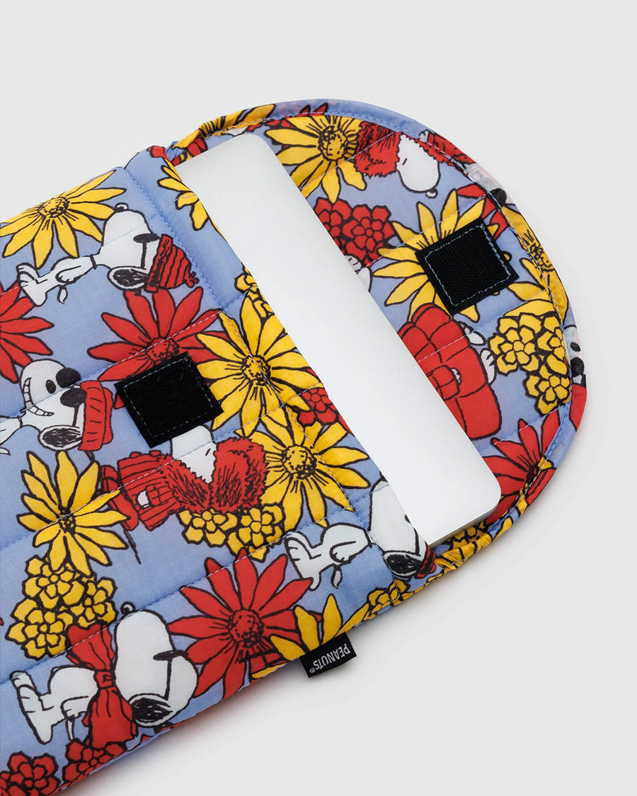 laptop inside of periwinkle 13 in. laptop sleeve with joe cool and red and yellow floral print