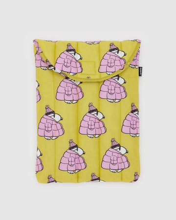 yellow 13 in. puffy laptop sleeve with snoopy in a pink puffer coat