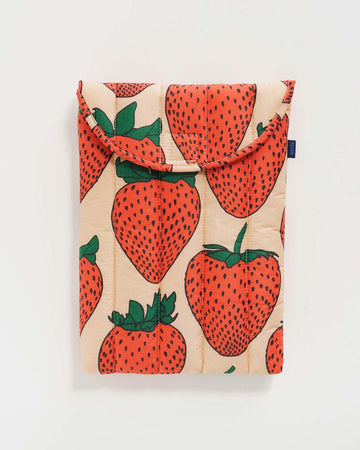 13 inch laptop sleeve in blush pink with red strawberry pattern