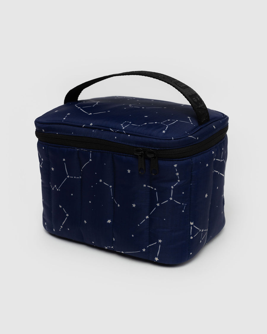 navy puffy lunch bag with white constellation print