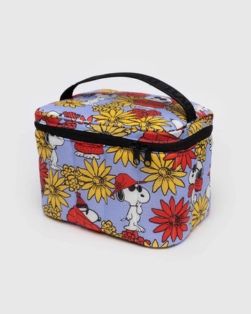 puffy lunch bag with joe cool and red and yellow floral print