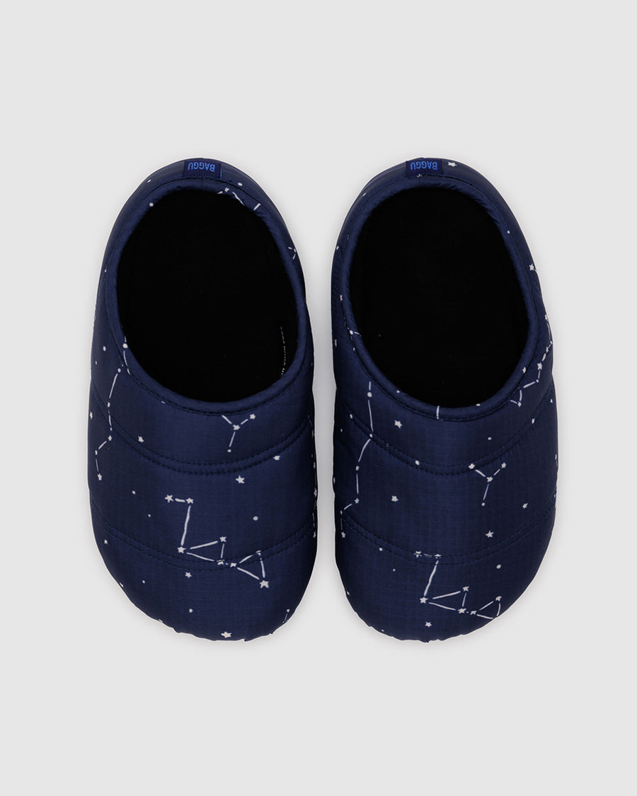 navy blue puffer slippers with white constellation print