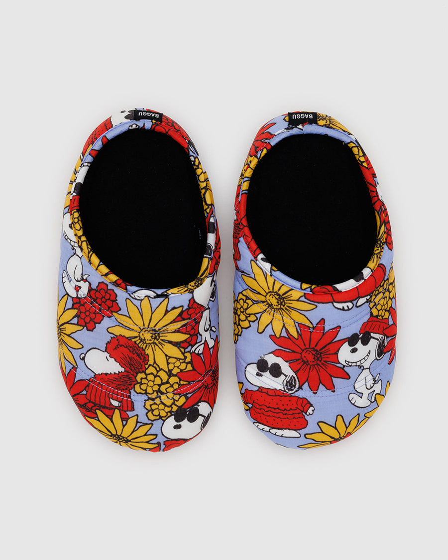 cornflower puffer slippers with snoopy and red and yellow flower print