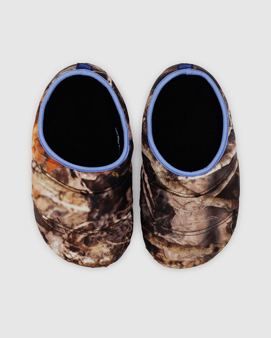 puffer slippers with realistic forest print and periwinkle trim