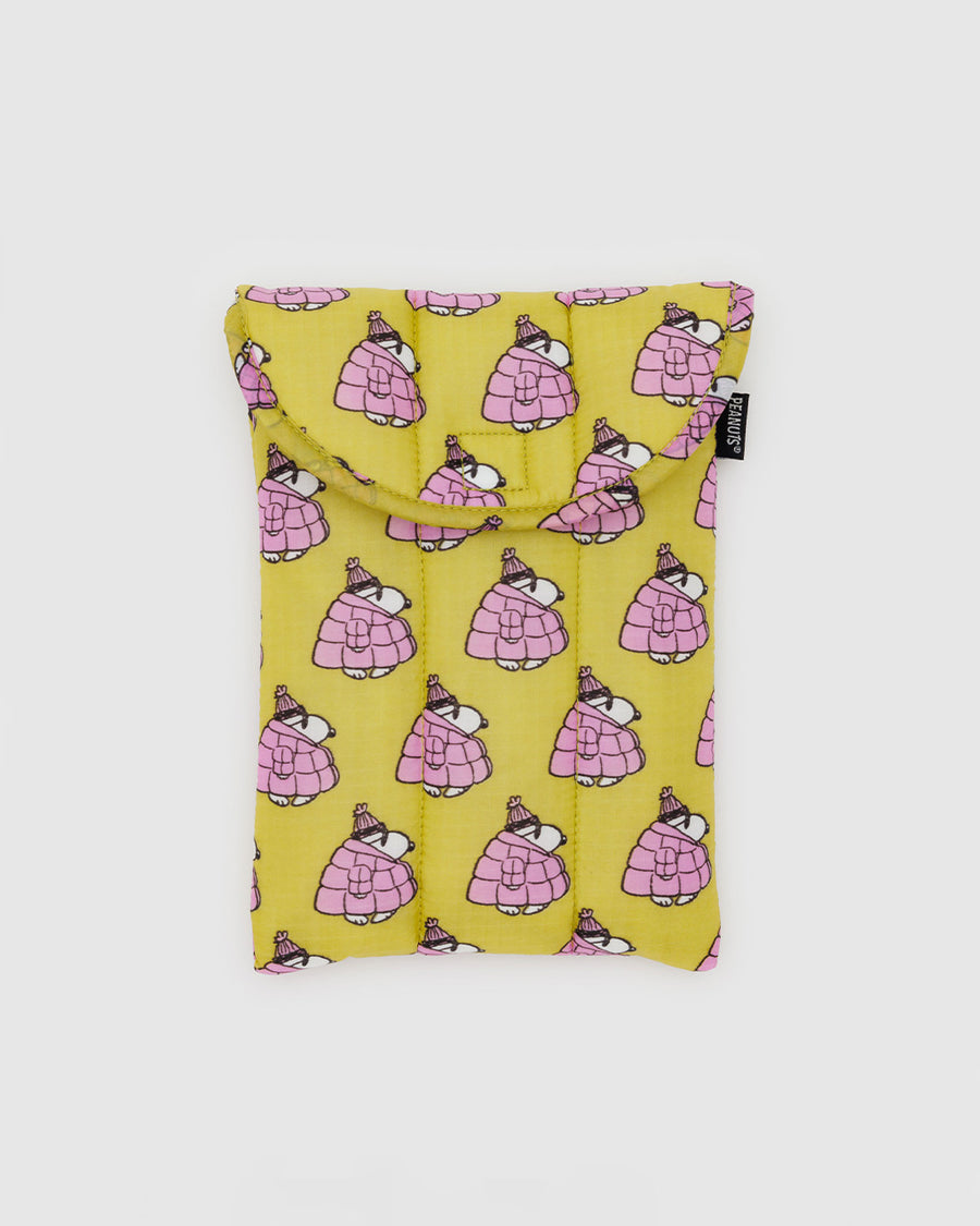 yellow 8 inch puffy tablet sleeve with snoopy wearing a pink puffer coat and hat