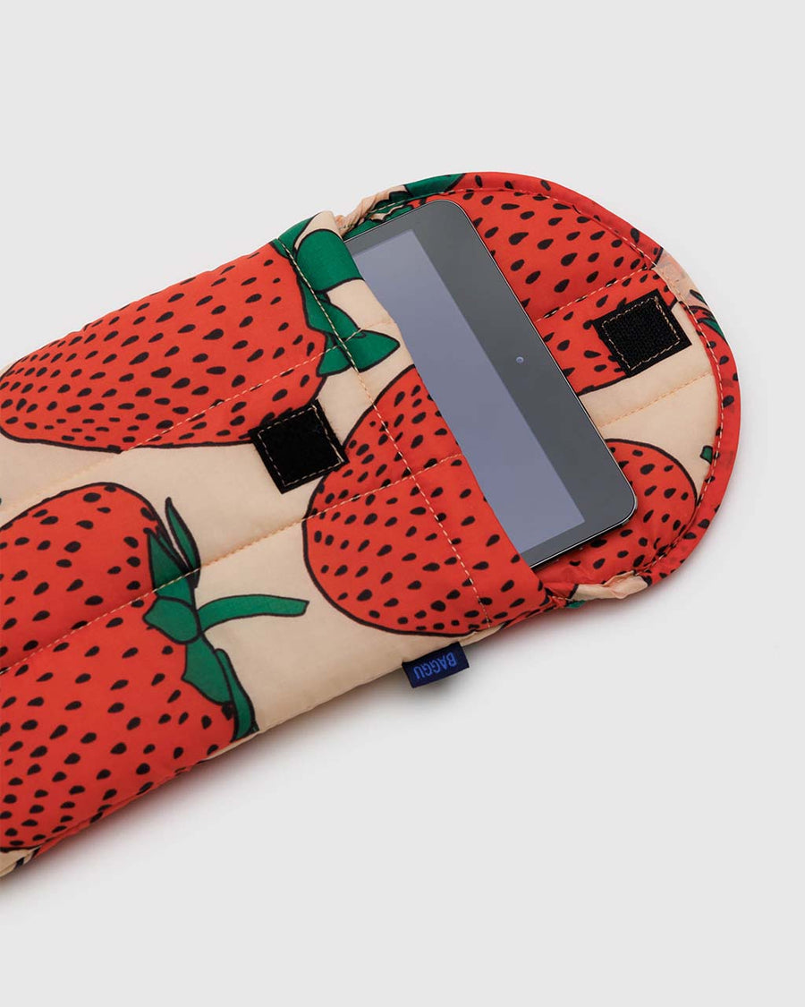 opened abstract strawberry print 8" puffy tablet sleeve