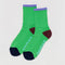 bright green ribbed crew socks with periwinkle, brown and black accents