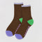 brown ribbed crew socks with periwinkle, green and purple accents