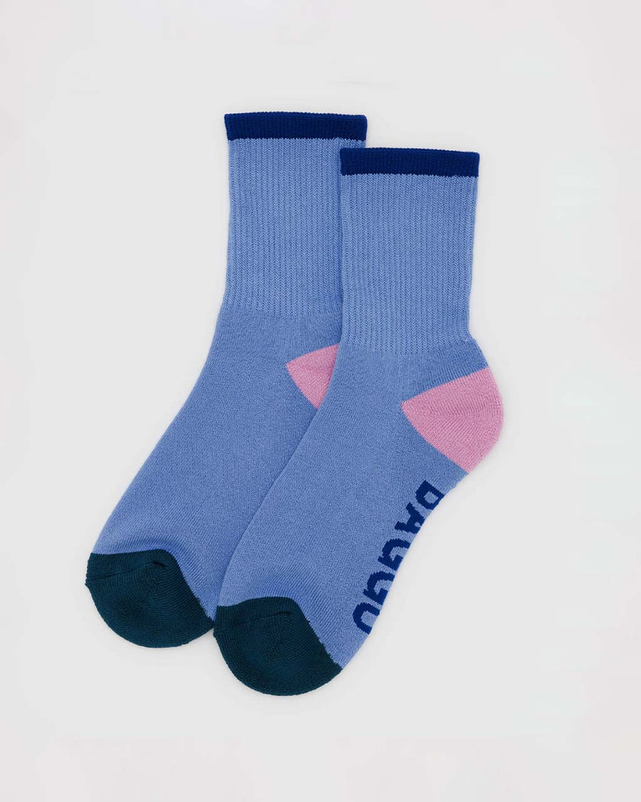 cornflower ribbed socks with navy and pink trim