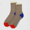 taupe ribbed socks with bright red, blue and pale yellow trim