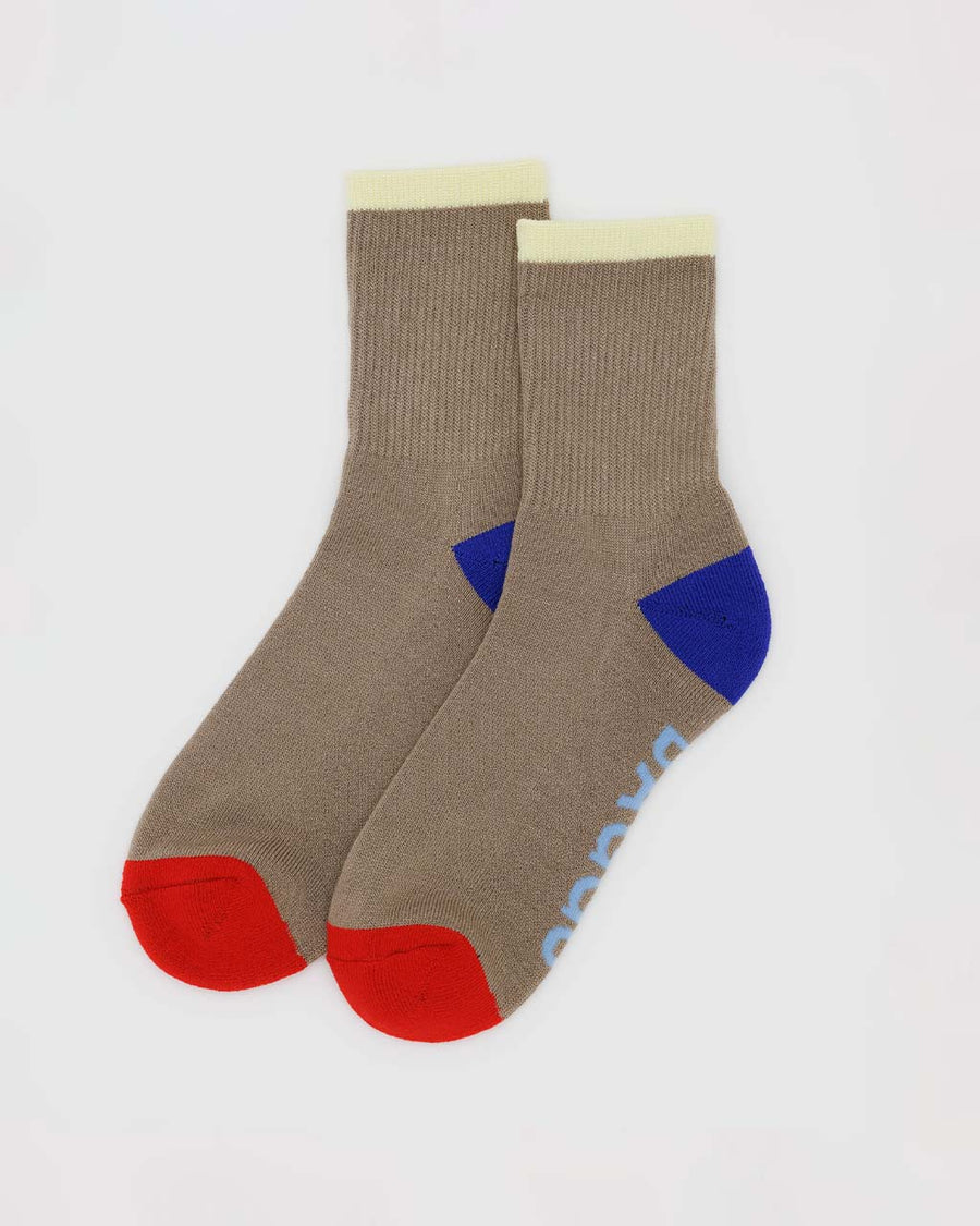 taupe ribbed socks with bright red, blue and pale yellow trim