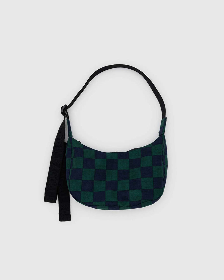 navy and dark green small nylon crescent bag