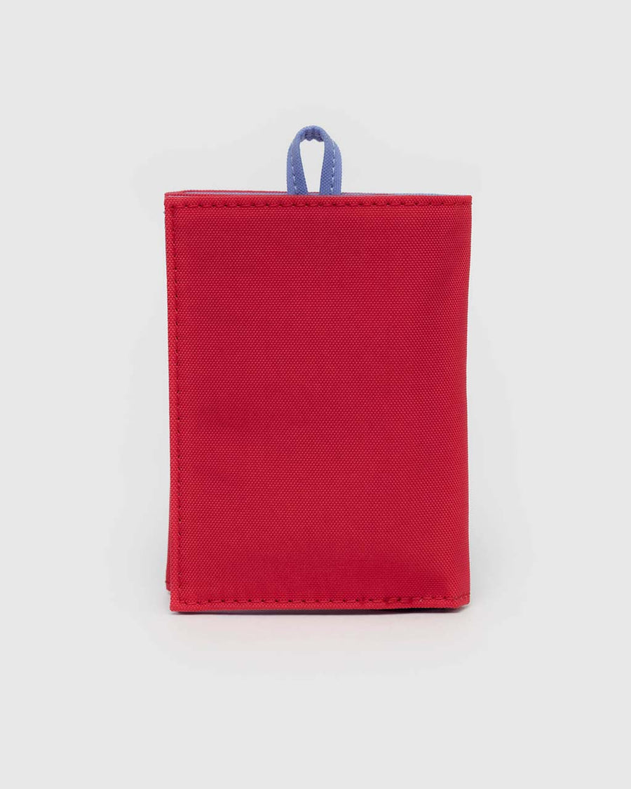 red snap wallet with cornflower interior