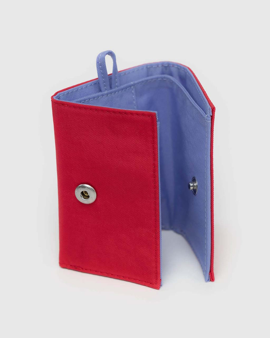 interior of red snap wallet with cornflower interior