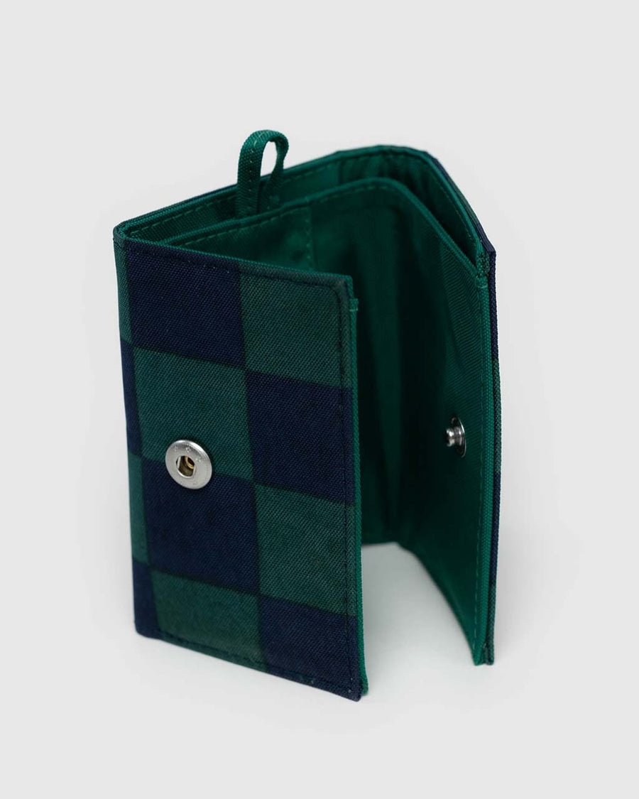 dark green interior of dark green and navy checkered wallet