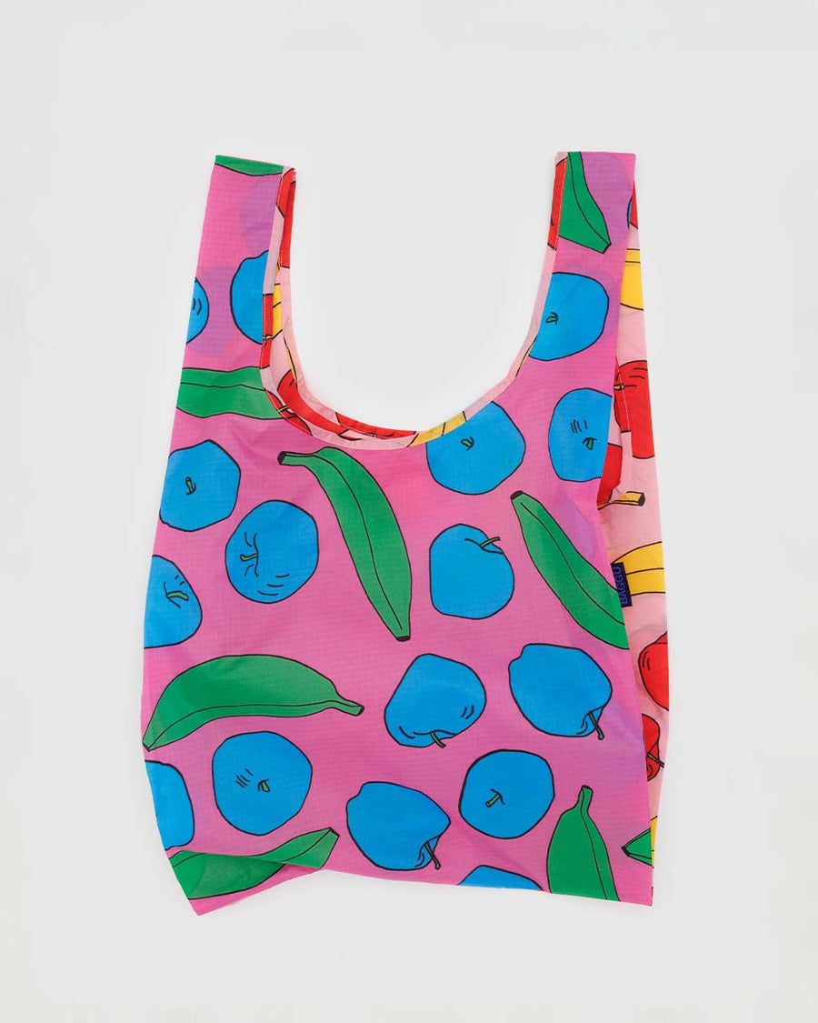 pink standard baggu with colorful apple and banana print