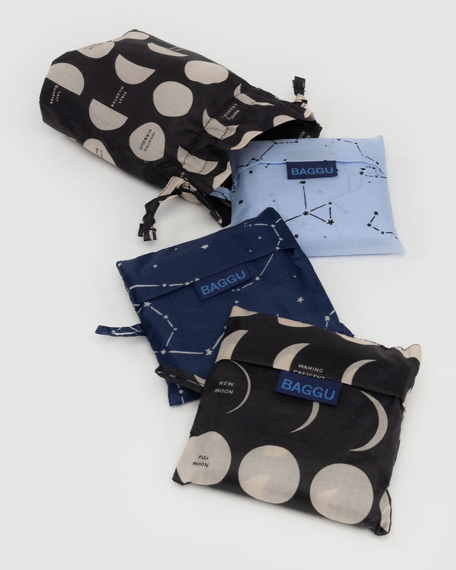 set of three standard baggu bags: black moon, light blue constellation and dark navy constellation