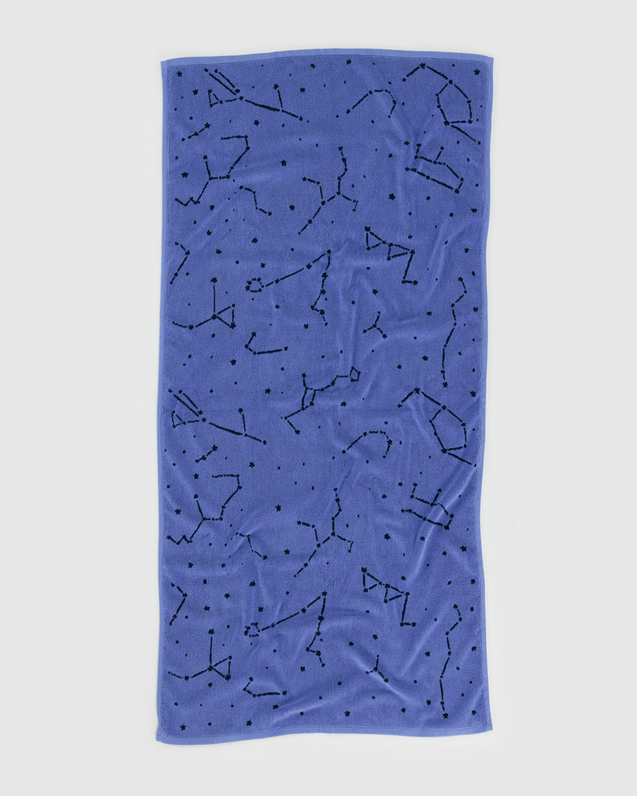 reversible bath towel with periwinkle constellation side showing