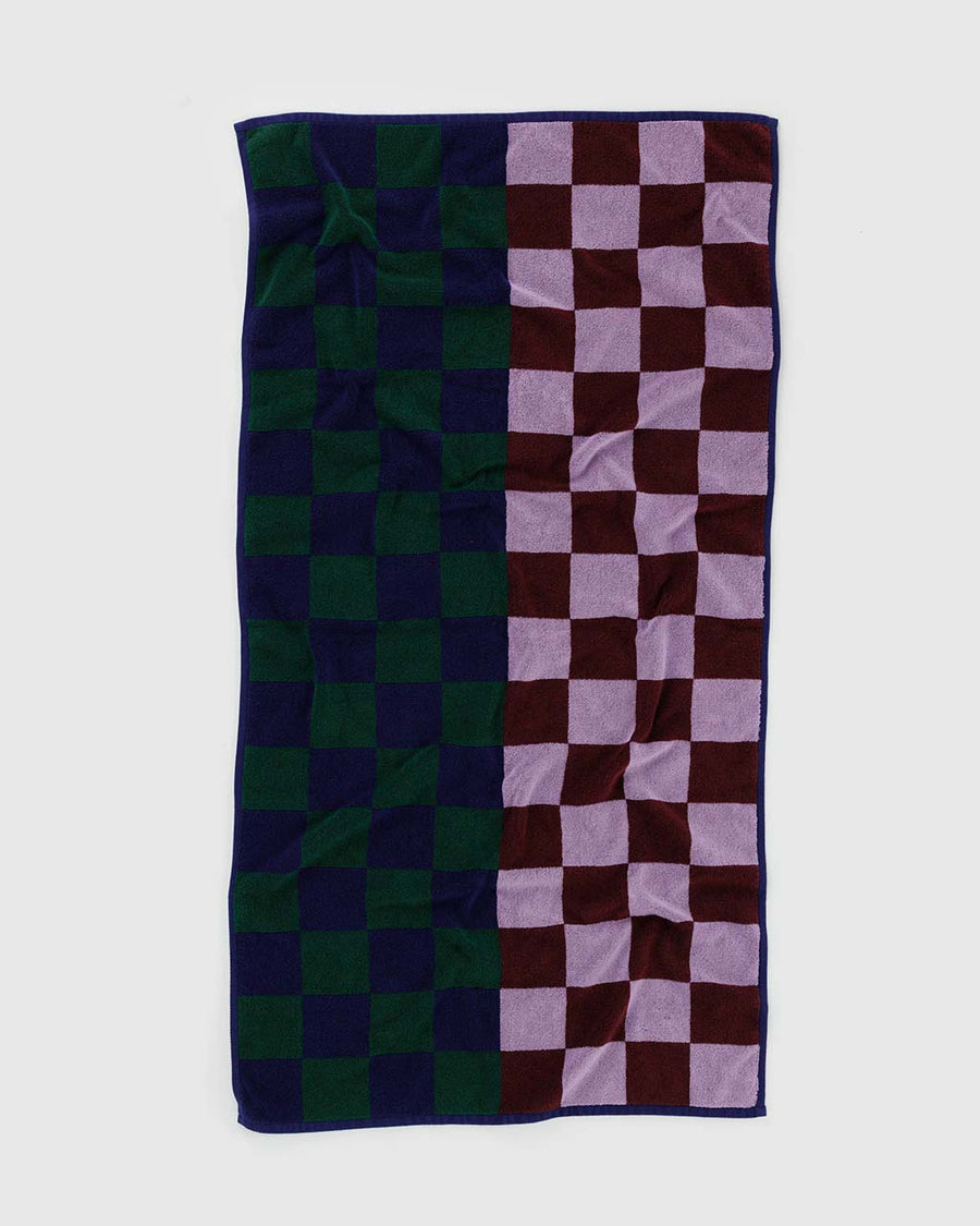 split navy/dark green checker and brown/pink checker towel