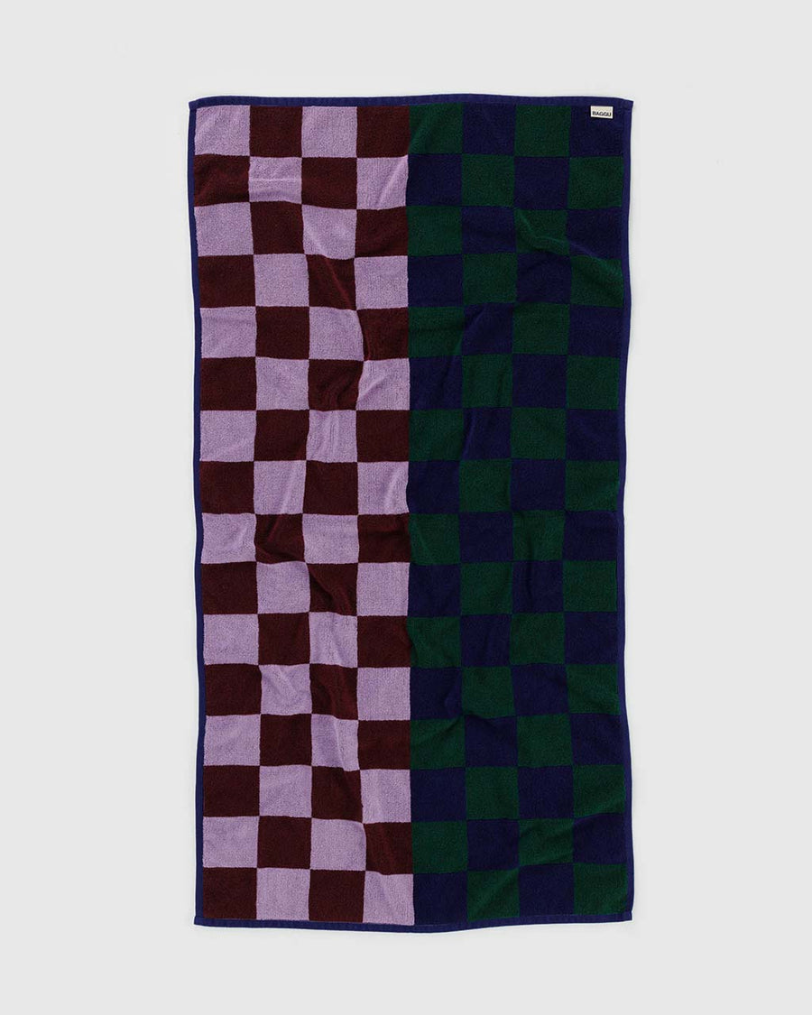 split navy/dark green checker and brown/pink checker towel