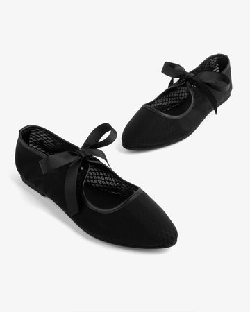 black mesh ballet flats with tie strap