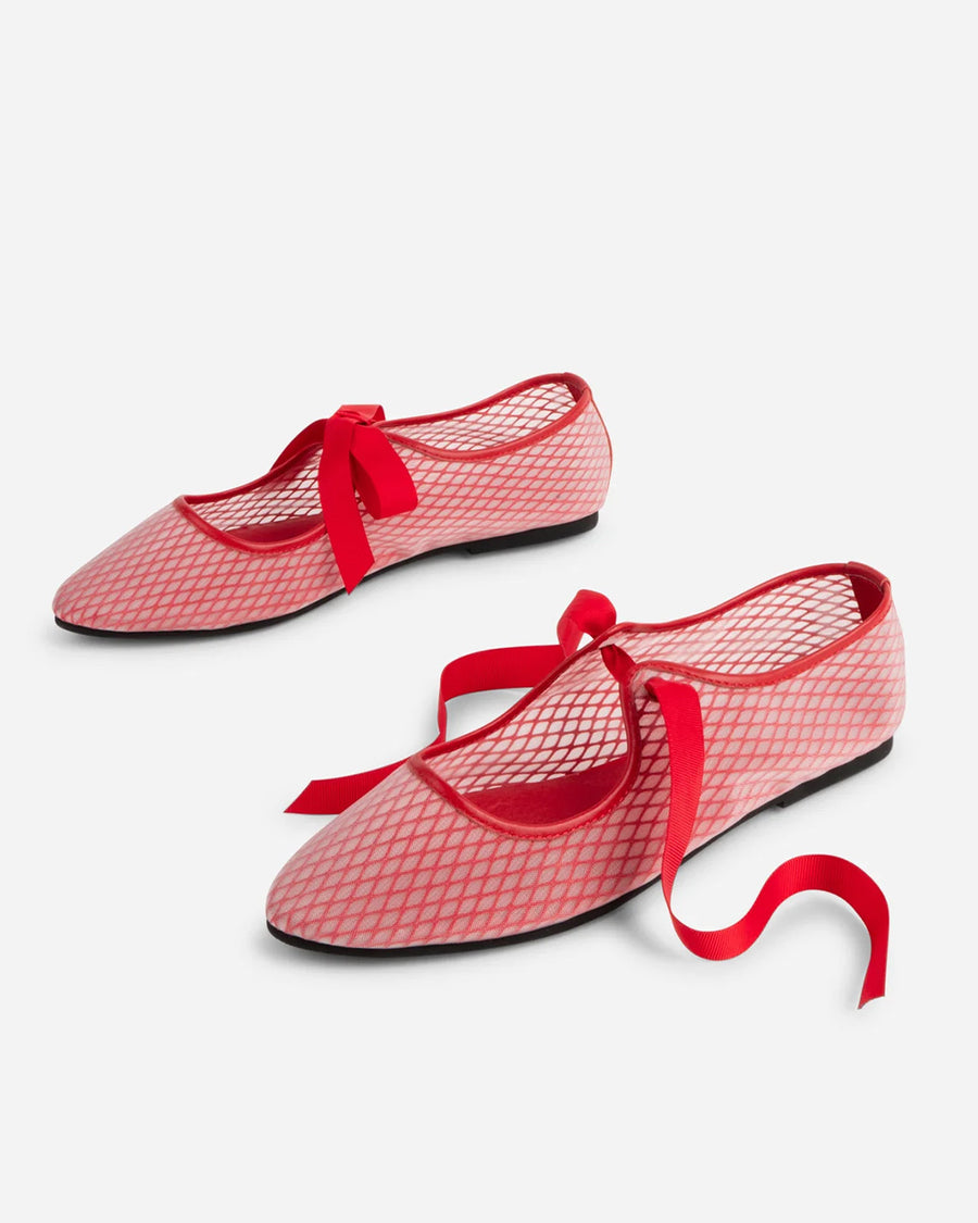 un-tied red mesh ballet flats with bow strap