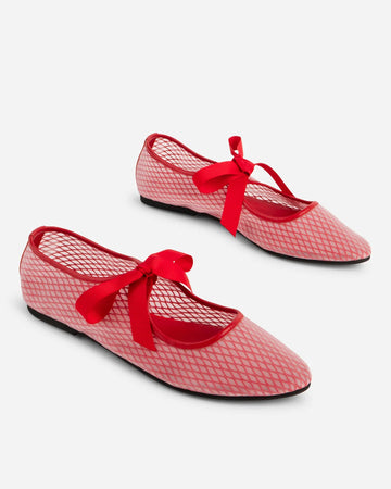 red mesh ballet flats with tie strap