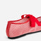 up close of leather back of red mesh ballet flats with bow strap