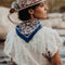 back view of blue square bandana with pink mountain scene and floral print