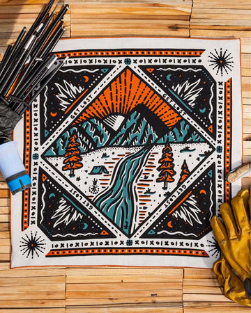 turquoise and orange west coast mountain scene square cotton bandana