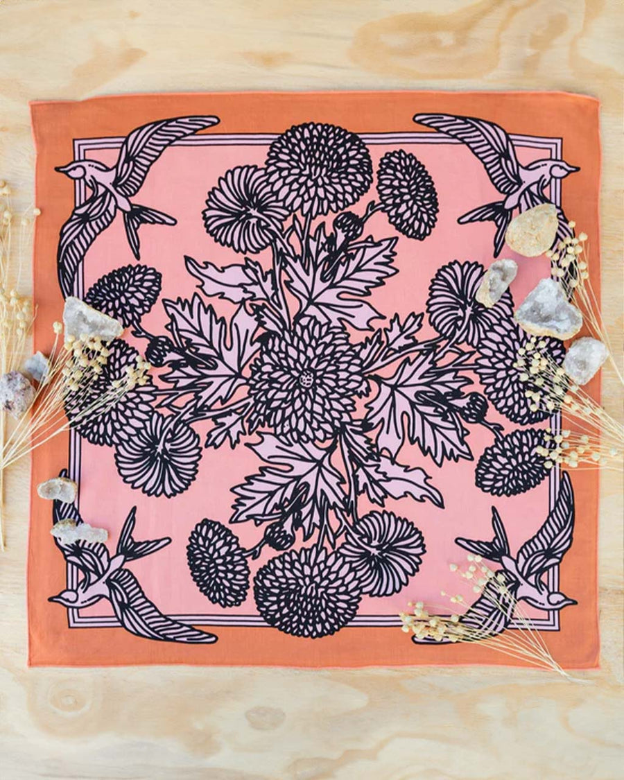 pink and orange square bandana with bird and floral print