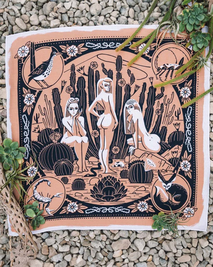 peachy pink cotton bandana with women in a desert scene print