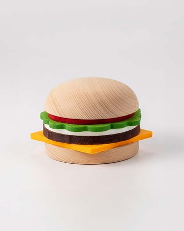 burger shaped coaster set with beechwood buns and wool felt tomato, lettuce, onion, burger patty, and cheese