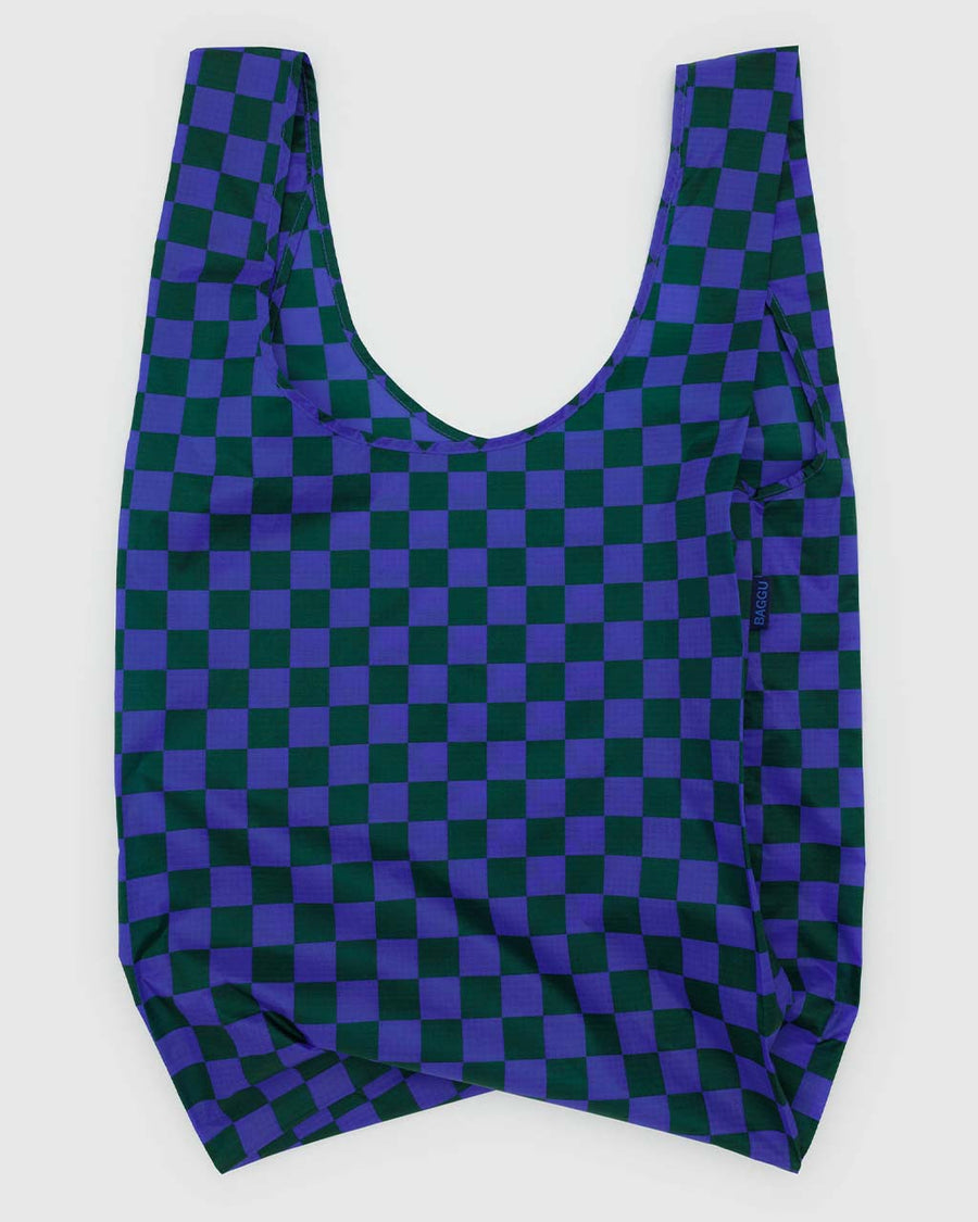 green and dark blue checkered big baggu