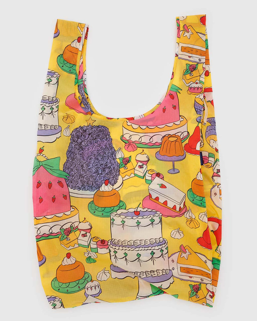 yellow big baggu with colorful cake and pastry print