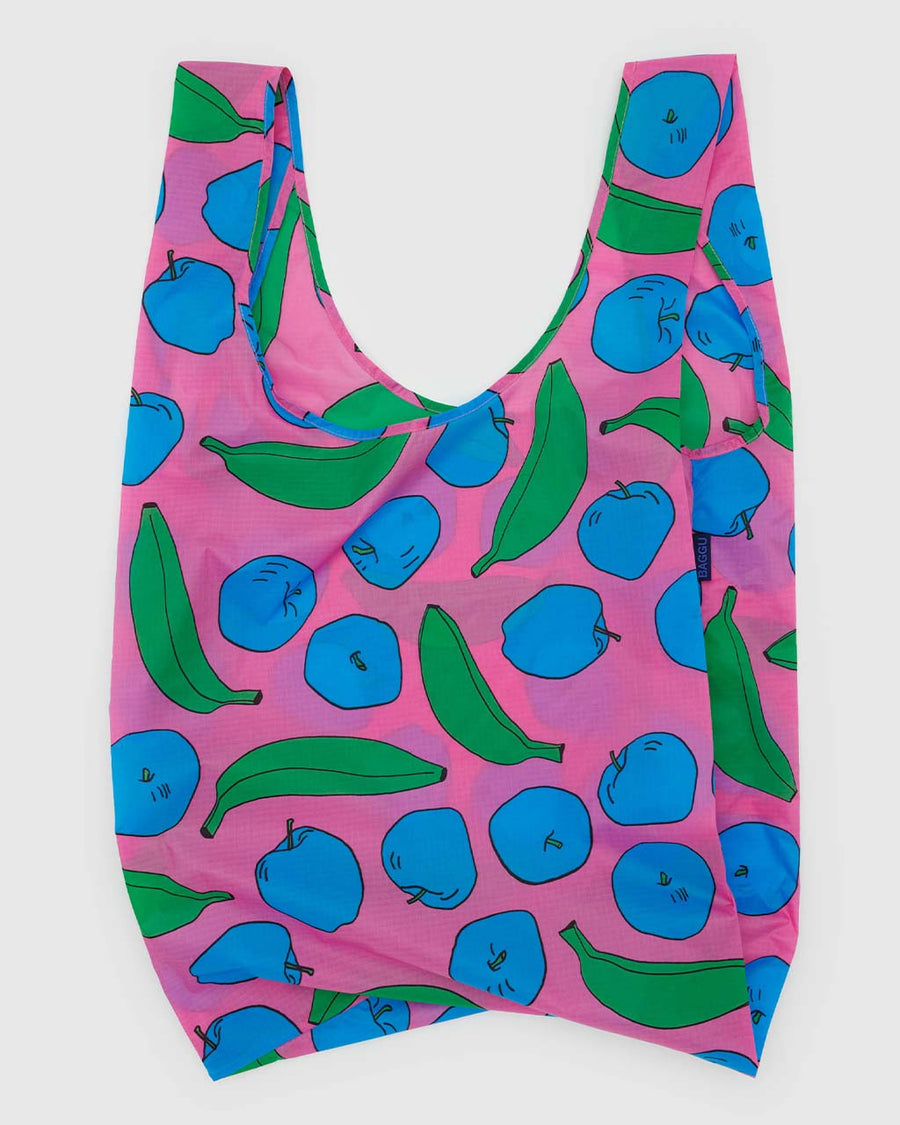 pink big baggu with green banana and blue apples print