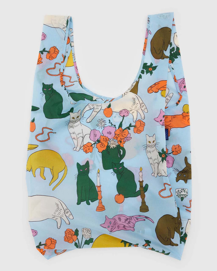 light blue big baggu with colorful cat print