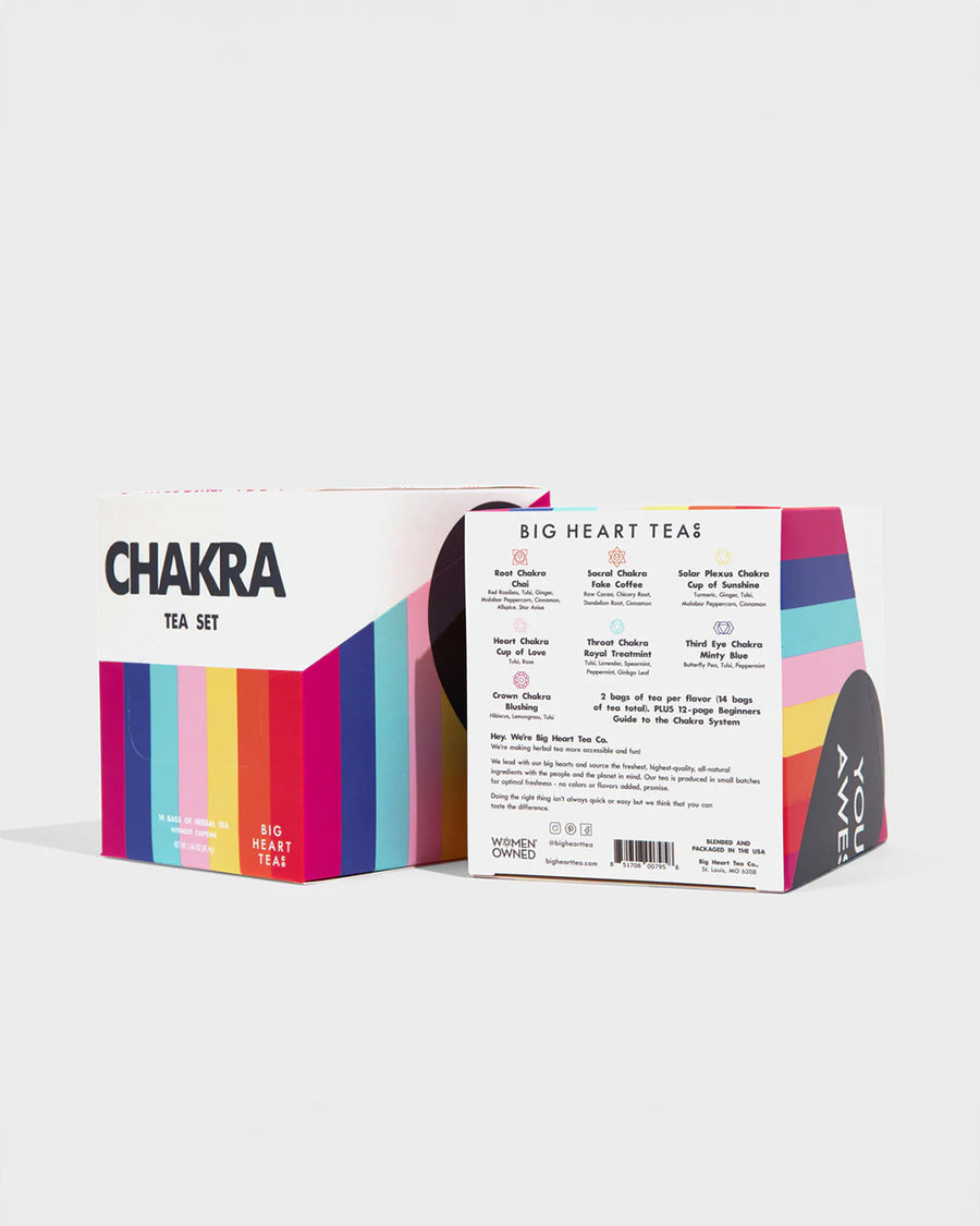 front and back view of chakra tea set with 14 bags of tea