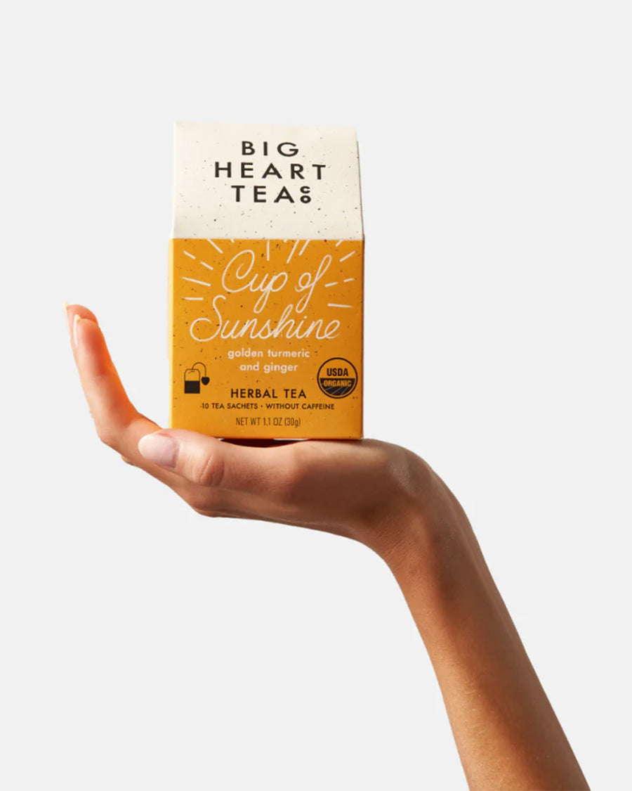 model holding set of 10 golden tumeric and ginger tea bags