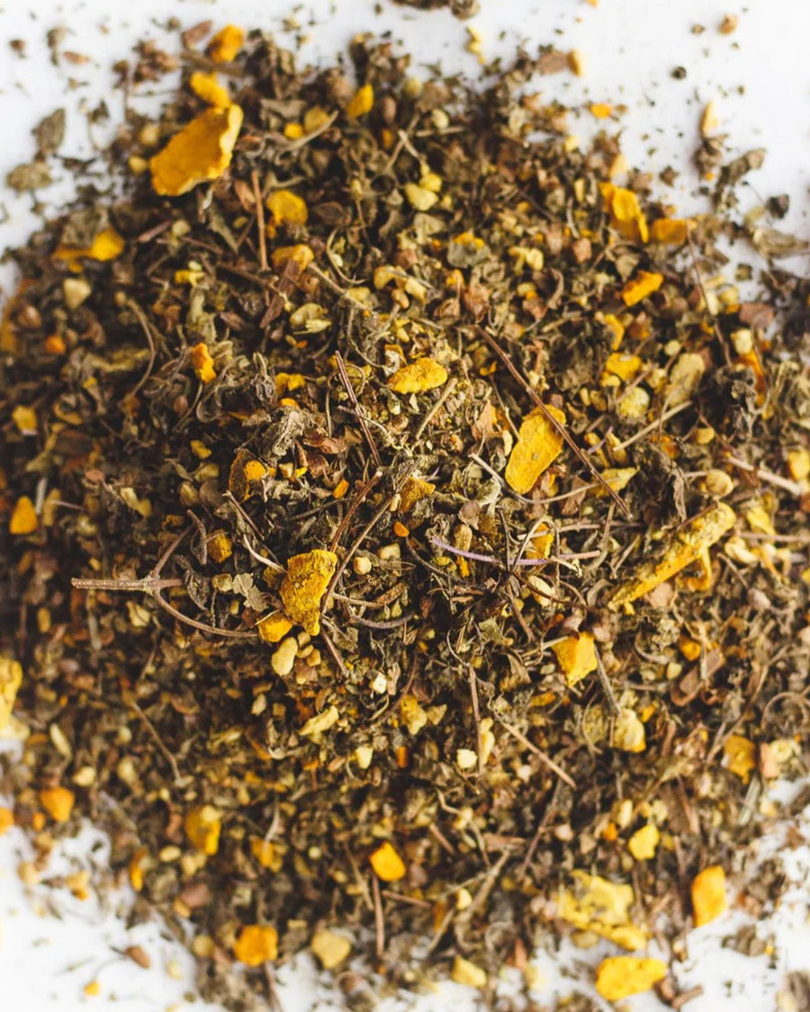 up close of golden tumeric and ginger loose leaf tea