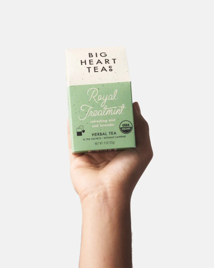 model holding set of 10 refreshing mint and lavender tea bags