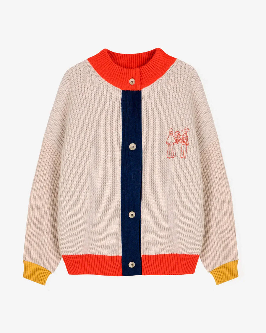 cream knit cardigan with yellow sleeve cuffs, coral trim and navy button front with embroidered couple on bust