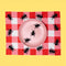pink and white plaid placemat with black ant border on a yellow ground