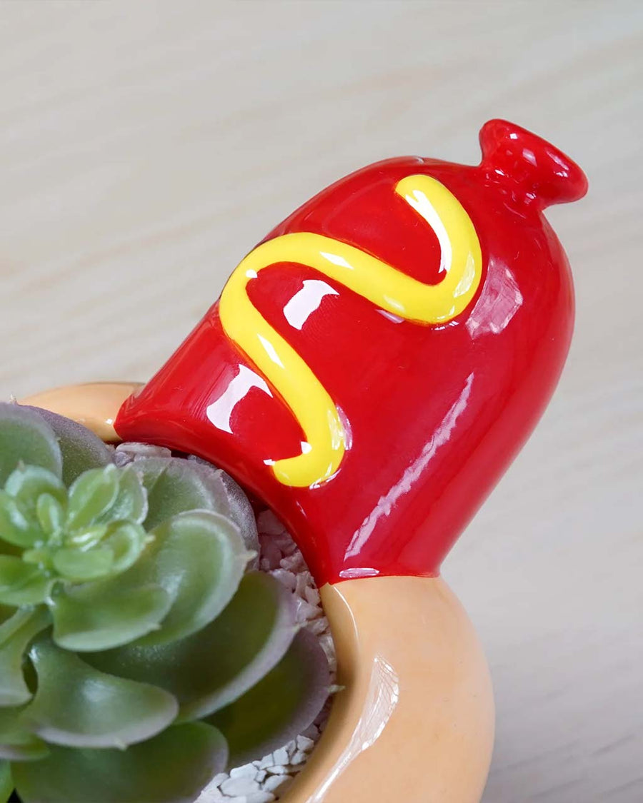 up close of top of hot dog shaped planter filled with three succulents