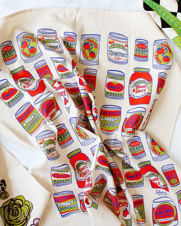 colorful canned tomatoes tea towel