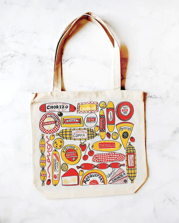 canvas tote bag with various deli meats and cheese print