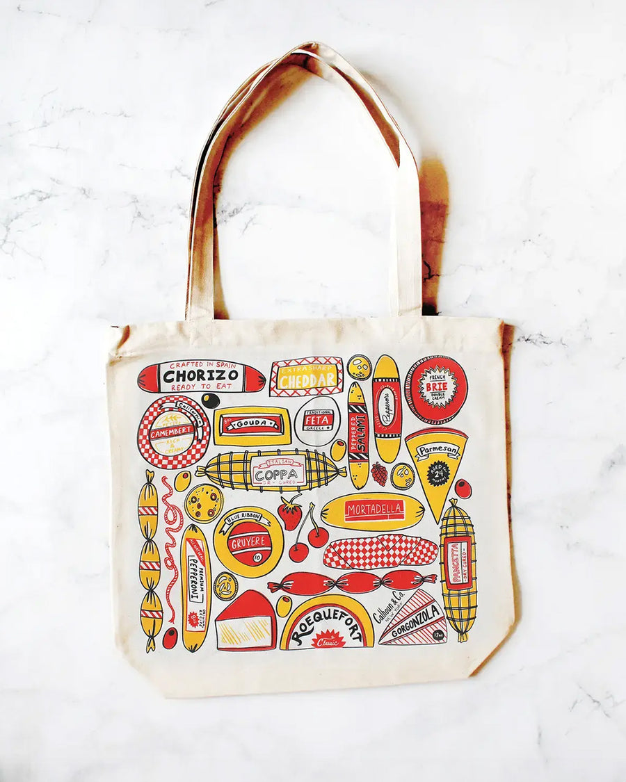 canvas tote bag with various deli meats and cheese print