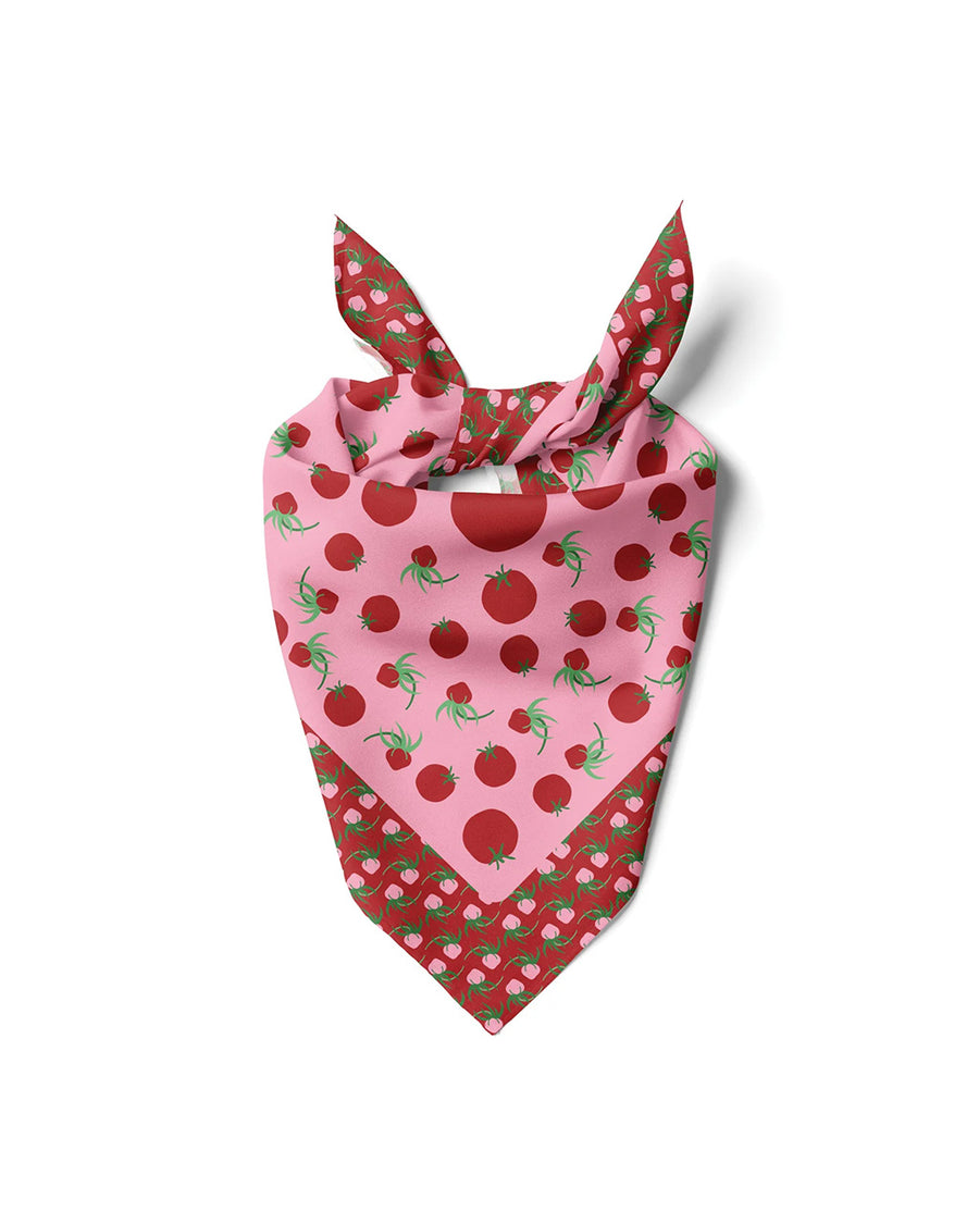 folded and tied pink and red cotton silk bandana with all over tomato print