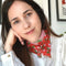 model wearing pink and red cotton silk bandana with all over tomato print